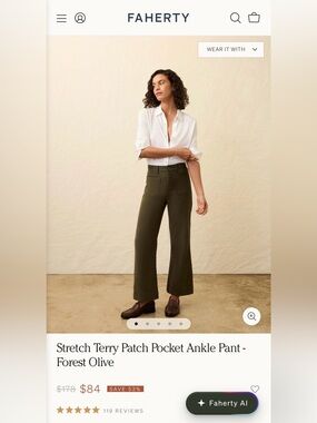Faherty Stretch Terry Patch Pocket Ankle Pant - Forest Olive. Size 27. NWT.